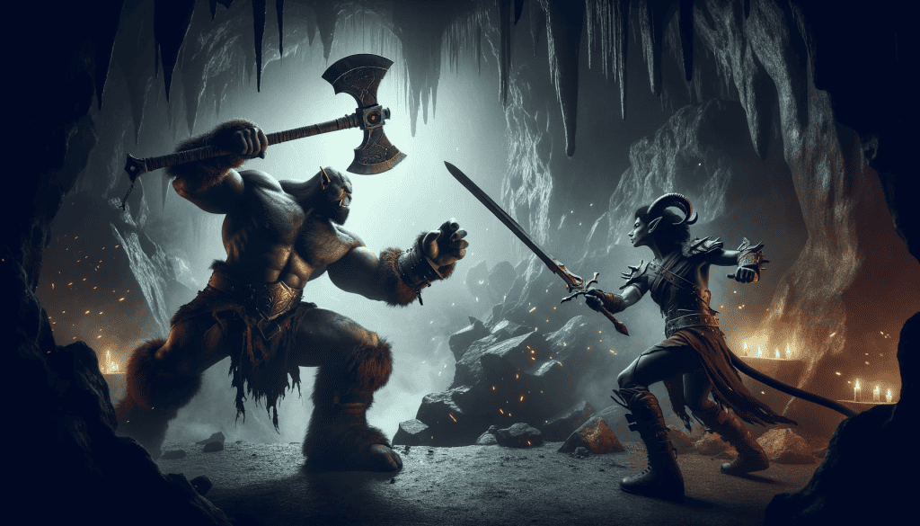 barbarian half orc vs tiefling fighter duel on a cave