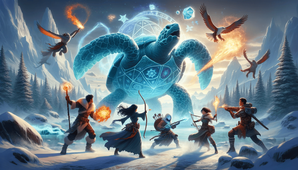 adventurers fighting a giant rurtle