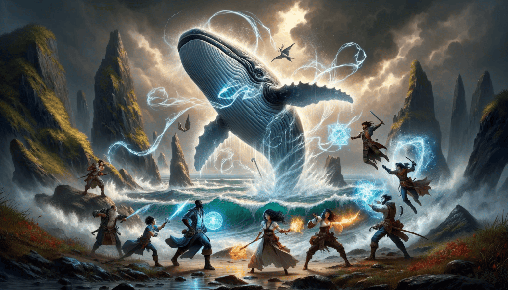 party of adventurers fighting a magic whale